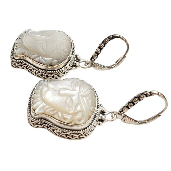 Sarda Sterling Silver Mother-of-Pearl Carved Lion Lever Back Earrings, Signed - Picture 6 of 10